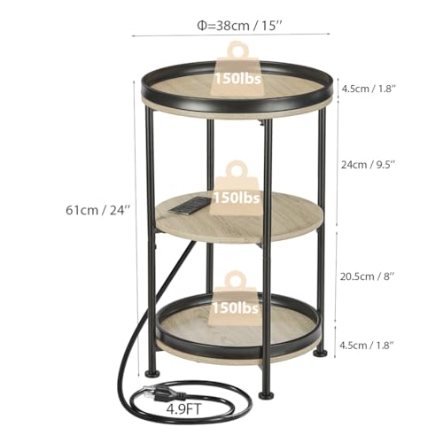Dulcii Round Side Table with Charging Station, End Table with 3 Shelves for Living Room, Bedroom Nightstand for Small Spaces, Industrial Round Sofa Table with Steel Frame (USB+Oak) - color: Oak, style: With Outlets