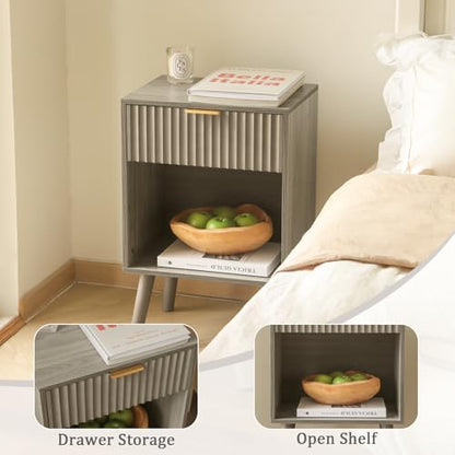 Fultyle Grey Wood Nightstand with Charging Station, Modern Bedside Table with Fluted Drawers and Storage Shelf, End Side Tables Living Room for Bedroom, Office (Grey) - color: Grey With Charging Station