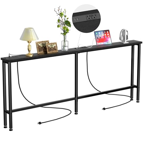 Keelian 90" Narrow Sofa Table - 2 Power Outlets & 4 USB Ports, Metal Frame,Perfect for Hallway, Office, and Behind Sofa - Easy Assembly, 4.9ft Extension Cord Included Black - color: Black, size: 90IN