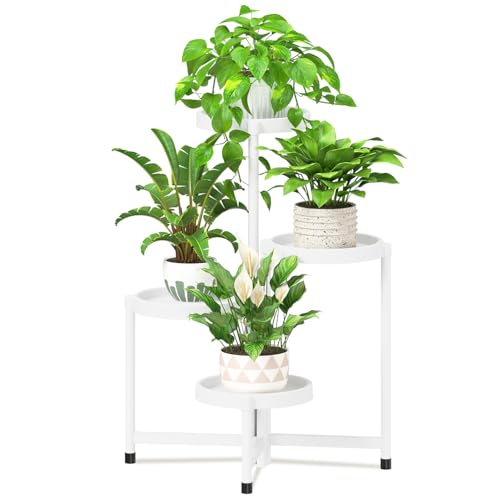 iDavosic.ly 4 Tier Folding Plant Stand Indoor Outdoor with Plastic Tray, Tiered Corner Flower Holder Shelf, Metal Orchid Display Rack for Patio Porch Living Room Garden Balcony, White - color: White, size: 4 Tiers