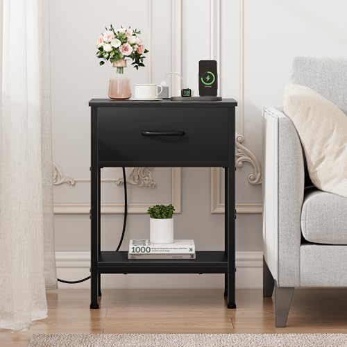 Vagusicc Black Nightstand with Charging Station, End Table with Fabric Drawer, Small Side Table with 2-Tier Storage Shelves, 25.4" Tall Bedside Table, Black Night Stand for Bedroom, Living Room, Dorm - color: Black (1 Pack)