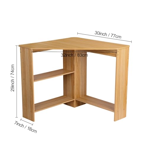 Corner Desk, Small Computer Desk with Drawers and Storage Shelves, Triangle Corner Computer Desk Writing Study Table for Home, Office, Workstation, Bedroom Light Brown