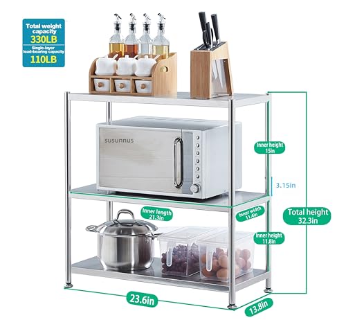 susunnus Stainless Steel Shelves 23.6in-3 Tier, Stainless Steel Shelf Organizer, Kitchen Storage Shelves, Artistic Texture, Pragmatic& Sturdy & Waterproof - size: 23.6in*13.8in-3T