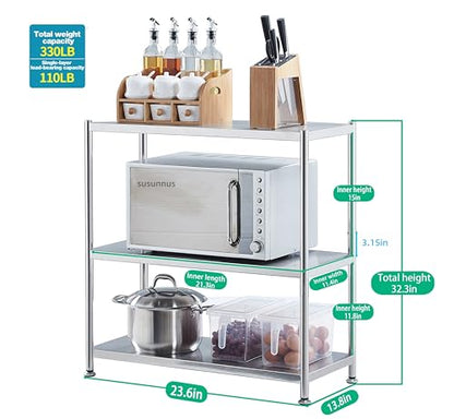 susunnus Stainless Steel Shelves 23.6in-3 Tier, Stainless Steel Shelf Organizer, Kitchen Storage Shelves, Artistic Texture, Pragmatic& Sturdy & Waterproof - size: 23.6in*13.8in-3T