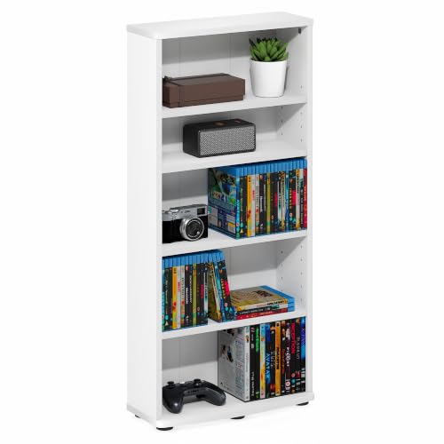 Furinno Jaya DVD Shelf, 5-Tier CD Rack, Media Shelf, White | Open Shelf, Adjustable Shelves, DVD Storage Cabinets for CD Blueray Game Disc, Easy Assembly, for Living Room, Home Office - color: White, size: 5-Tier