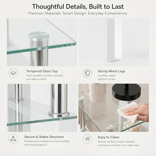 Meihua Tempered Glass End Table, White Modern Square Side Table with Metal Frame, 2-Tier Glass Accent Table for Living Room, Bedroom, Apartment & Small Spaces - color: White, size: 1pc