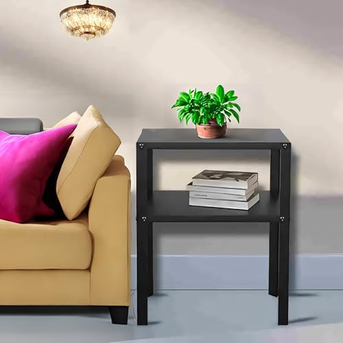 FixtureDisplays Black Metal 2-Tier Nightstand, Side Table, End Table, 14W x 11D x 17" H, Sturdy Riser 50 lbs Capacity