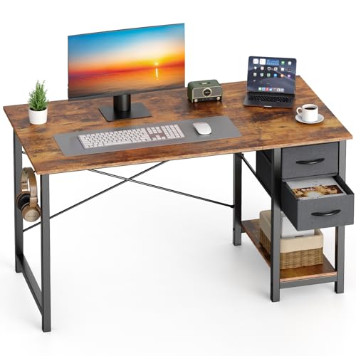 Sweetcrispy 40-Inch Computer Desk with Drawers, Office Desk, Brown | Small Desk for Bedroom Home Office with Side Hook, Modern Simple desk with storage for Writing - color: Rust, size: 40 Inches