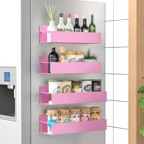 Metal Magnetic Spice Rack for Refrigerator Pink, 4 Pack | Magnetic Shelves Heavy Duty for Fridge in Kitchen, Seasoning Storage Organizer, For Oven Washer and Dryer, For Heavier Items - color: Pink, size: 4 Pack