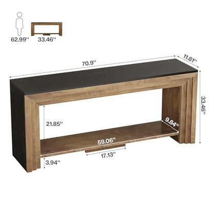 Tribesigns 70.9 Inch Narrow Console Table, Farmhouse 2-Tier Wooden Sofa Table with Storage, Space-Saving Behind Couch Accent Table for Living Room, Entryway, Hallway and Foyer - color: Natural & Black