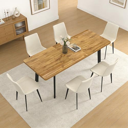 Extendable Dining Table Set for 6 to 8 People, 63" to 78.7" Modern Kitchen Table Set with 6 Leather Chairs, MDF Dining Room Table and Chairs with Removable Extension Leaf (Walnut Table+White Chairs) - color: 63'' - 78.7'' Walnut Table+6 Beige Chairs
