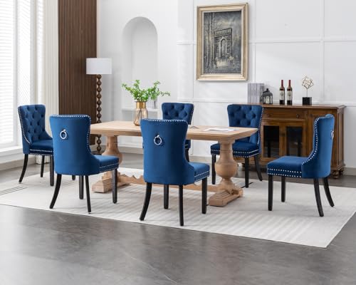 KCC Velvet Dining Chairs Set of 2, Upholstered High-end Tufted Dining Room Chair with Nailhead Back Ring Pull Trim Solid Wood Legs, Nikki Collection Modern Style for Kitchen, Blue - color: Blue, size: Set of 2