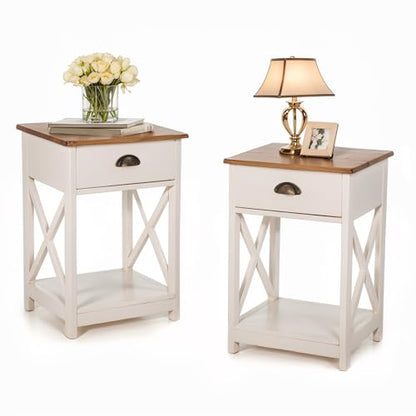 PHI VILLA End Table Living Room Set of 2 - Farmhouse Bedroom Nightstands Small Bedside Table, Ivory White Side Table - color: Ivory 1