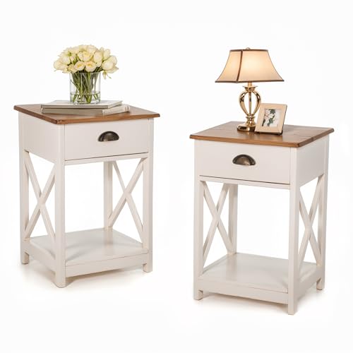 PHI VILLA End Table Living Room Set of 2 - Farmhouse Bedroom Nightstands Small Bedside Table, Ivory White Side Table - color: Ivory 1