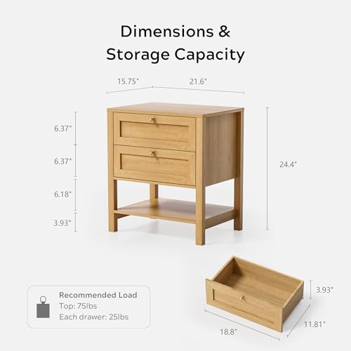 Modern Nightstand with Drawers, Large Farmhouse Wood Bedside Table with Open Shelf, 22" Wide Tall End Table for Sofa, Bedroom, Natural Oak - color: Natural Oak, size: 1 PC (2 Drawers)