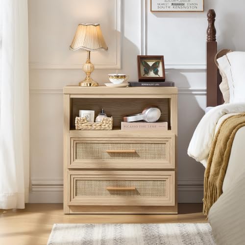 RWYHG 24'' Wide Farmhouse Night Stand with 2 Drawers,Rattan Nightstand | Modern Boho End Table Open Storage Shelf, Metal Handle, Mid-Century Wood Bed Side Table for Bedroom, Living Room - color: Natural（rattan ）