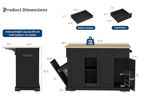 Garvee 54" Kitchen Island with Drop Leaf & Power Outlet, Black | Large Rolling Cart with Trash Cabinet, 2 Sliding Barn Doors, 3 Drawers Mobile Island Table with Spice Rack & Towel Rack - color: Black