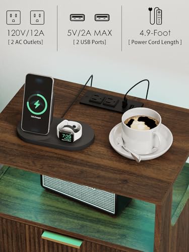 Leomonio Nightstand with Charging Station and LED Lights, Modern Bedside Table with 2 Storage Drawer and Open Wood Shelf for Bedroom and Small Spaces, Night Stand with Solid Wood Legs - color: Walnut Brown-outlet