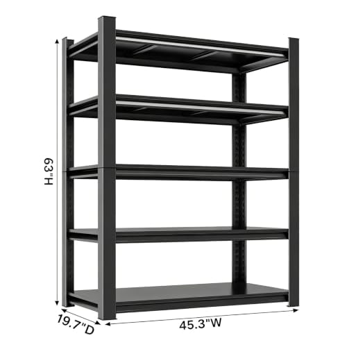 20" D Metal Garage Shelving Heavy Duty, 45" W Steel Storage Shelving, 5 Tier Adjustable Standing Shelf Units for Basement, Industrial, Shop, Pantry, Warehouse, Kitchen, Black - size: 5 Tier 45.3" W x 19.7" D x 63" H