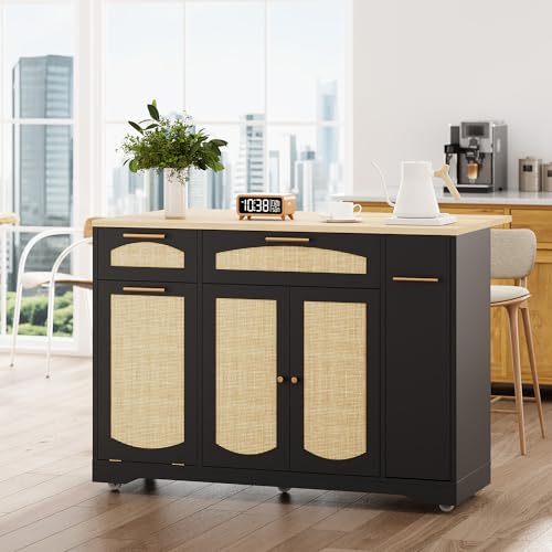IDEALHOUSE 53.1" Rattan Kitchen Island with Storage, Rolling Dining Cart with Trash Storage Cabinet, Mobile Island Cart with Drop Leaf, Adjustable Shelves, Drawer, 5 Wheels (Black) - color: Black
