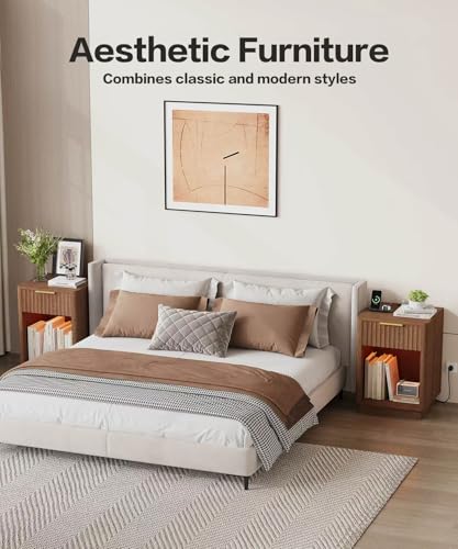 Akxomel Fluted Nightstand, Wooden Night Stand with Charging Station and LED Light, Modern Mid Century End Table with Drawer, 15" D x 15.7" W x 22.6" H, for Bedroom, Walnut - color: Walnut