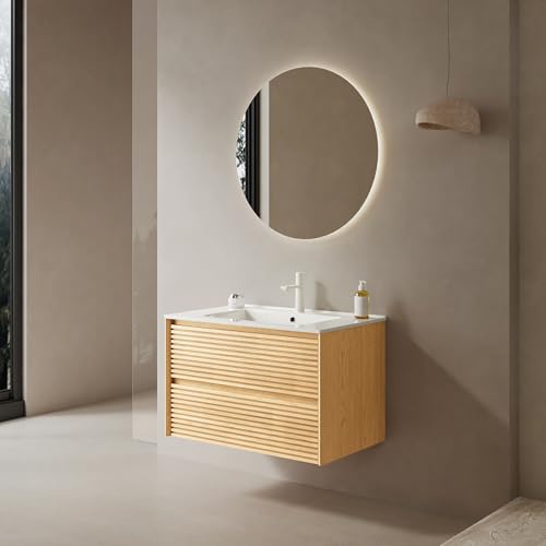 30" Floating Bathroom Vanity with Sink, Wall Mounted Modern Bathroom Cabinet with 2 Soft Close Drawers, Oak & Plywood, Pre-Assembled with Integrated Ceramic Basin – Sedona, Light Oak - color: Light Oak, size: 30 Inch