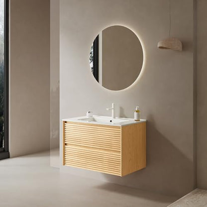 30" Floating Bathroom Vanity with Sink, Wall Mounted Modern Bathroom Cabinet with 2 Soft Close Drawers, Oak & Plywood, Pre-Assembled with Integrated Ceramic Basin – Sedona, Light Oak - color: Light Oak, size: 30 Inch