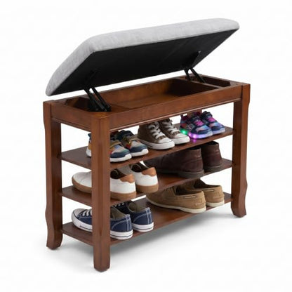 Solid Wood Shoe Bench with Storage, Flip-Top Soft-Close Lid, Adjustable Shelves, Cushioned Entryway Shoe Rack Organizer, 23.6" - size: 23.6"