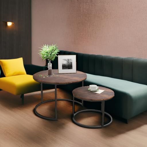 HOJINLINERO Round Coffee Table,Nesting Coffee Table Set of 2,Rustic Brown | Center Table for Living Room,Small Apartment,Small Space,Stacking Side Tables,Wood Tabletop,Sturdy and Easy Assembly,Large - color: Brown, size: Large