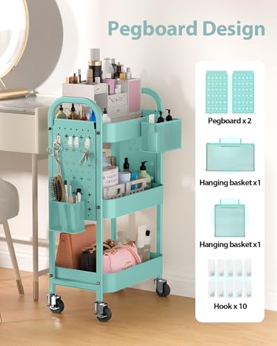 ALVOROG 3 Tier Rolling Cart with DIY Pegboards Metal Utility Cart with Wheels Handles Baskets Hooks, Craft Cart for Office Kitchen Bathroom(Tiffany Blue) - color: Tiffany Blue