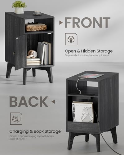 VASAGLE MAEZO Collection - End Table with Charging Station, Narrow Side Table, Nightstand with Tapered Legs, Curved Transitions, for Small Spaces, Bedroom, Charcoal Gray ULET329B101S - color: Charcoal Gray
