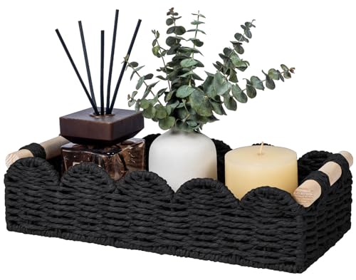 CubesLand Toilet Paper Storage Basket Organizer, Small Wicker Decor Basket | Toilet Tank Top Decorative Basket for Countertop, Handwoven Scalloped Basket W/Handle for Home Decor Living Room, Black - color: Black, size: s - 12.99 X 6.3 X 3.15in
