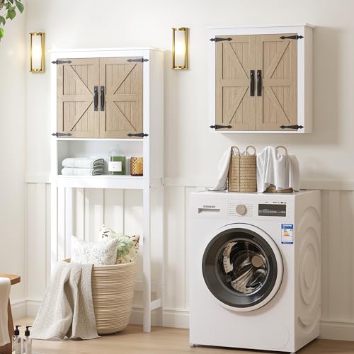 Spirich Over The Toilet Storage Cabinet, Farmhouse Over Toilet Bathroom Organizer with Wood Grain Barn Doors and Adjustable Shelves - style: Grain Barn Door