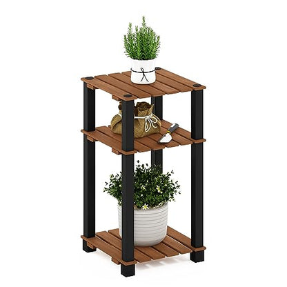 Furinno Pangkor 3-Tier Turn-N-Tube Indoor Outdoor Plant Shelf Wood Side Table with Square Poles, Natural/Black - style: 3 Tier Square Poles