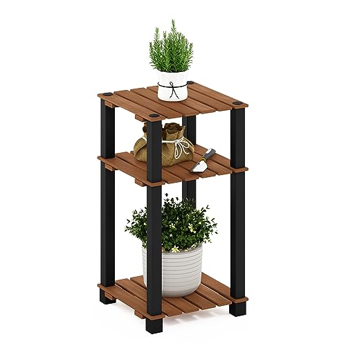 Furinno Pangkor 3-Tier Turn-N-Tube Indoor Outdoor Plant Shelf Wood Side Table with Square Poles, Natural/Black - style: 3 Tier Square Poles