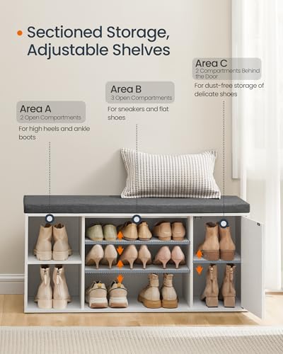 SONGMICS HOME Storage Bench, Snapsemble Superfast Assembly, 41" Wide Entryway Shoe Cubby Bench with Cushion & Adjustable Shelves, Window Shoe Rack Cabinet, Snow White and Slate Gray ULHS391WE02S - color: Snow White + Slate Gray, style: 12"D x 40.9"W x 18.