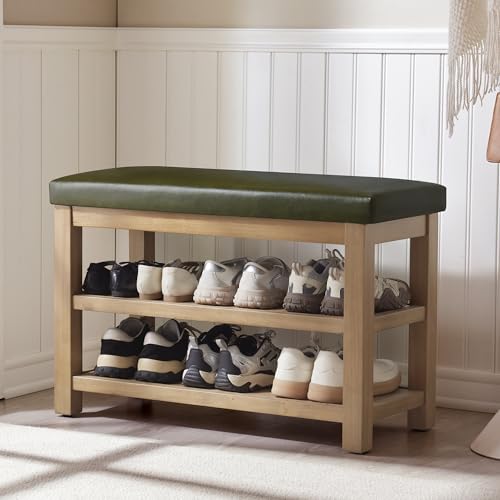 Zihanhome Shoe Rack Bench with Leather Cushion, 2 Tier Solid Wood Storage Bench, Mid-Century Modern Shoe Bench for Entryway, Hallway, Closet, Front Door Entrance, Foyer (Green, 31.5) - color: Green, size: 31.5"