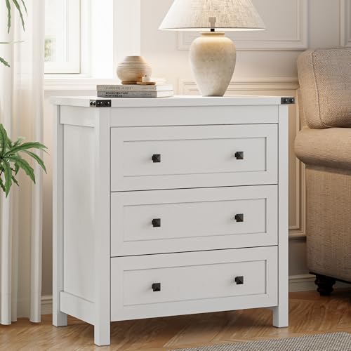 Xixini Farmhouse Nightstand with 3 Storage Drawers, 27.55" Wide Wood Bedside Table, Modern Side Table with Metal Handle, End Table for Bedroom, White - color: White