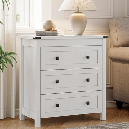 Xixini Farmhouse Nightstand with 3 Storage Drawers, 27.55" Wide Wood Bedside Table, Modern Side Table with Metal Handle, End Table for Bedroom, White - color: White