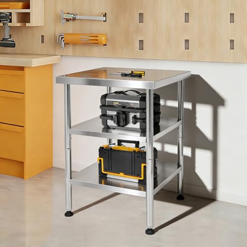 24"x24"x35" 3-Tier Industrial Work Table, Heavy Duty Stainless Steel Workstation with Adjustable Shelves, 470 lbs Top Load, 4 Swivel Casters and Leveling Feet for Restaurant or Home Use - size: 24x24x35 Inches