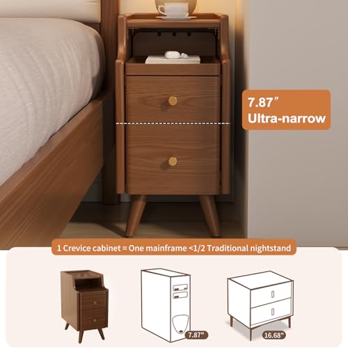 AQIMUELE Small Nightstand with Drawers, Solid Wood Bedside Table, Narrow Walnut Nightstand for Bedroom - color: 1 Pc(walnut), size: 15.74''D*11.81''W*19.68''H