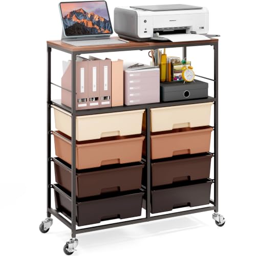 Rolling cart with 8 drawers,Storage drawer cart with wooden tabletop,Lockable wheels organizer for homeschool, arts & crafts, classroom, office & creative spaces (Brown) - color: Brown