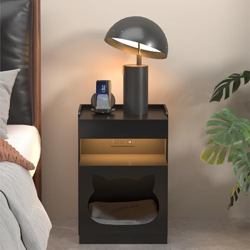 Mojztezy Black Bedside Table with Cat Design, Built-in Charging Station & Soft LED Light, Minimalist Pet-Friendly Storage Nightstand, Stylish Accent Furniture for Bedroom, Office and Living Room