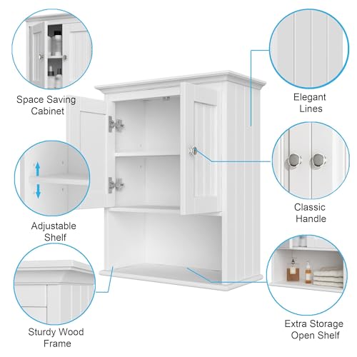 Treocho Wood Wall Cabinet, Bathroom Medicine Cabinet Storage with Doors and Adjustable Shelf, Rustic Cabinet Wall Mounted for Bathroom, Livingroom, Kitchen, Cupboard, White - color: White