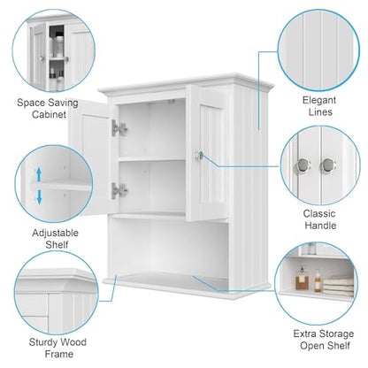 Treocho Wood Wall Cabinet, Bathroom Medicine Cabinet Storage with Doors and Adjustable Shelf, Rustic Cabinet Wall Mounted for Bathroom, Livingroom, Kitchen, Cupboard, White - color: White