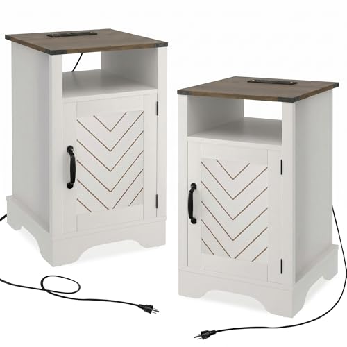 FansaFurn Farmhouse End Table Set of 2 with Charging Station for Bedroom | White and Rustic Oak Rustic Nightstands with Storage Cabinet and Shelf for Living Room, Living Room - color: White and Rustic Oak, size: 16" D x 16" W x 25" H (Set of 2)