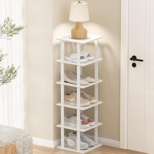 SHIISEWE White Bamboo Shoe Rack for Small Spaces 6 Tier Tall Vertical Narrow Rack - color: White, size: 6 Tier