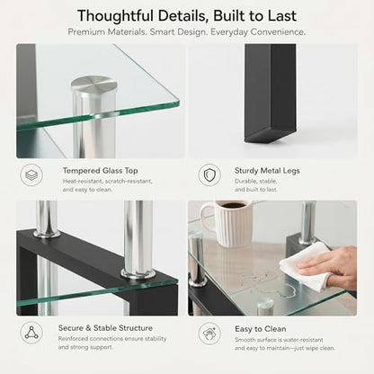 Meihua Glass End Table, Square Glass Side Table, 2-Tier Modern Nightstand with Metal Legs for Living Room&Bedroom (Transparent, 1pc) - color: Transparent, size: 1pc