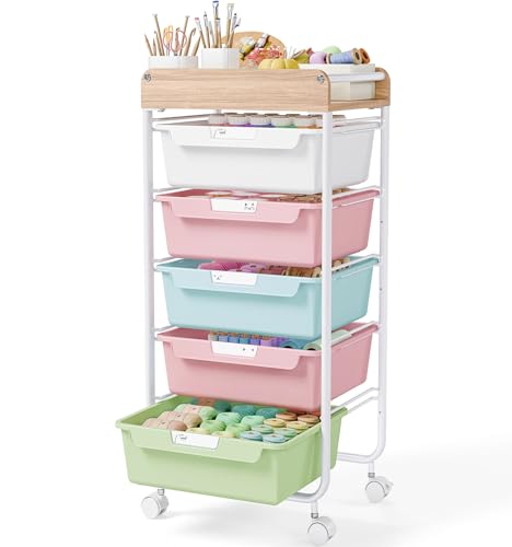 Utility Cart with Drawers,Craft Cart with 5 Drawers,Art Supply Organizer,Rolling Drawer Cart,Craft Storage Cart,Storage Drawer Carts With DIY Lable and Wooden Tabletop Area,Colorful - color: Colorful, size: 5-Drawer