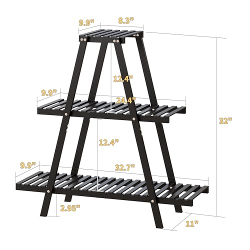 Bamboo Plant Stand Indoor/Outdoor, 3-Tier, Black, Rectangular, 8 Potted Flower Holder Ladder Plant Rack - color: Black
